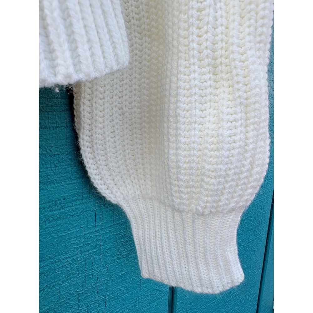 Scallop Ruffle V-Neck Peplum Ribbed Knit Sweater Balloon Sleeve Drawstring Waist - Picture 5 of 7